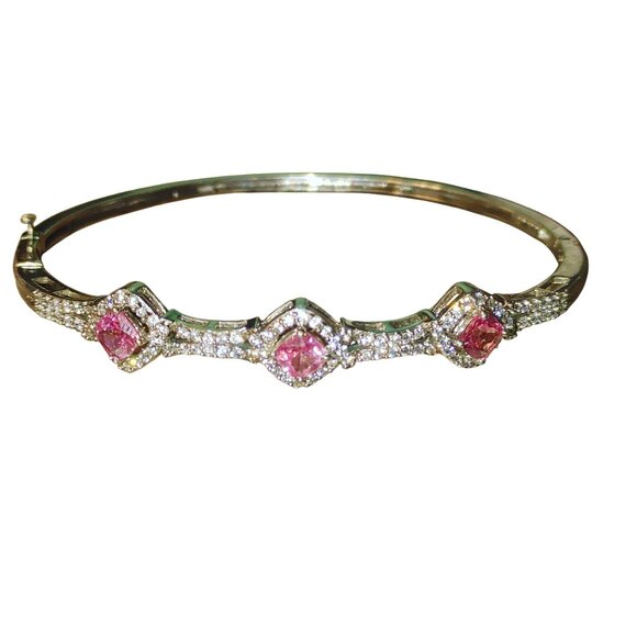 Pink Ruby Gemstone Bracelet Silver Plated Vintage Safety Hinged Prong Rhinestone - Picture 6 of 11